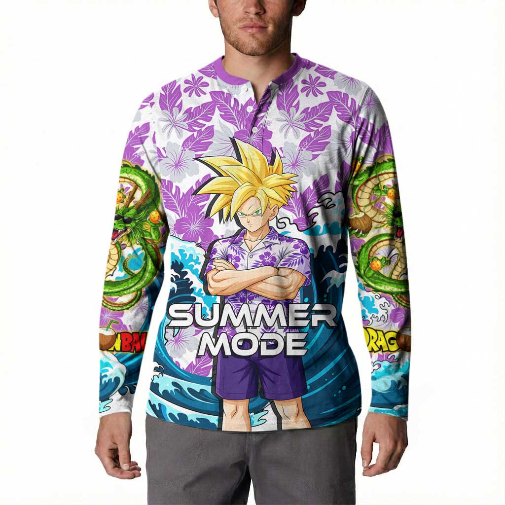 Gohan Dragon Ball Summer Theme Button Sweatshirt with Tropical Floral Shirt Shenron and Ocean Wave Background - The Mazicc