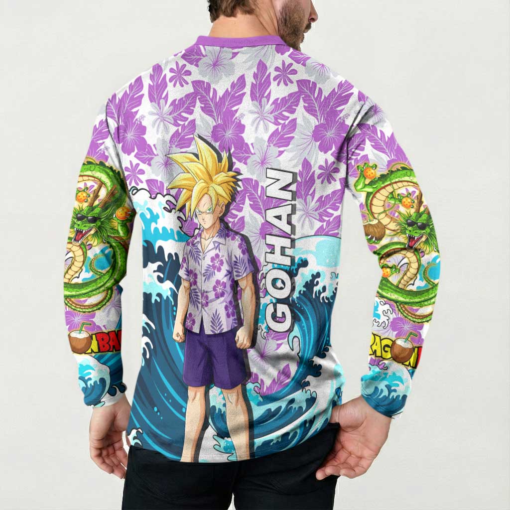 Gohan Dragon Ball Summer Theme Button Sweatshirt with Tropical Floral Shirt Shenron and Ocean Wave Background - The Mazicc
