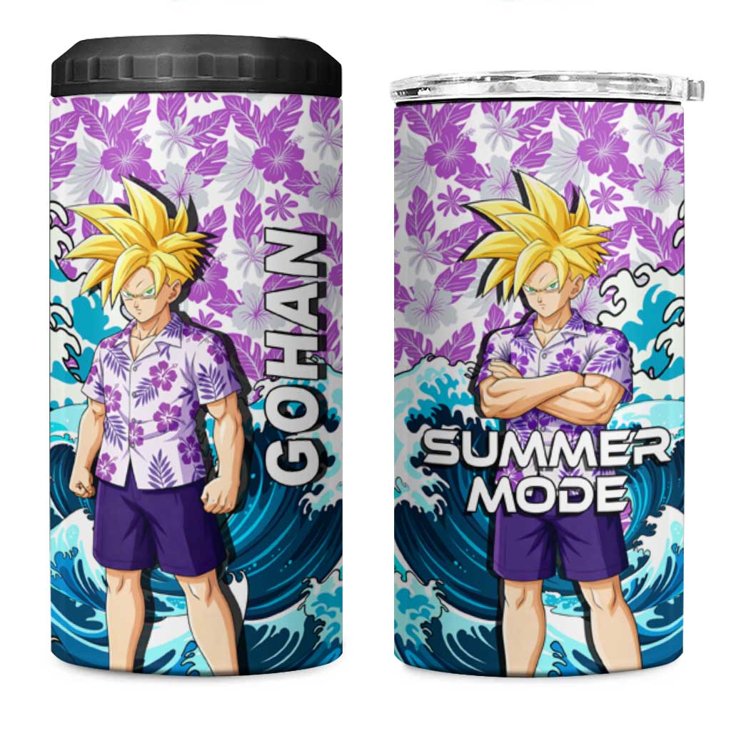 Gohan Dragon Ball Summer Theme 4 in 1 Can Cooler Tumbler with Tropical Floral Shirt Shenron and Ocean Wave Background - The Mazicc