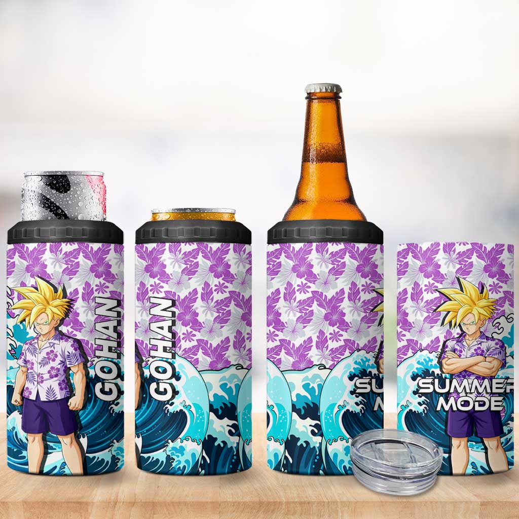 Gohan Dragon Ball Summer Theme 4 in 1 Can Cooler Tumbler with Tropical Floral Shirt Shenron and Ocean Wave Background - The Mazicc