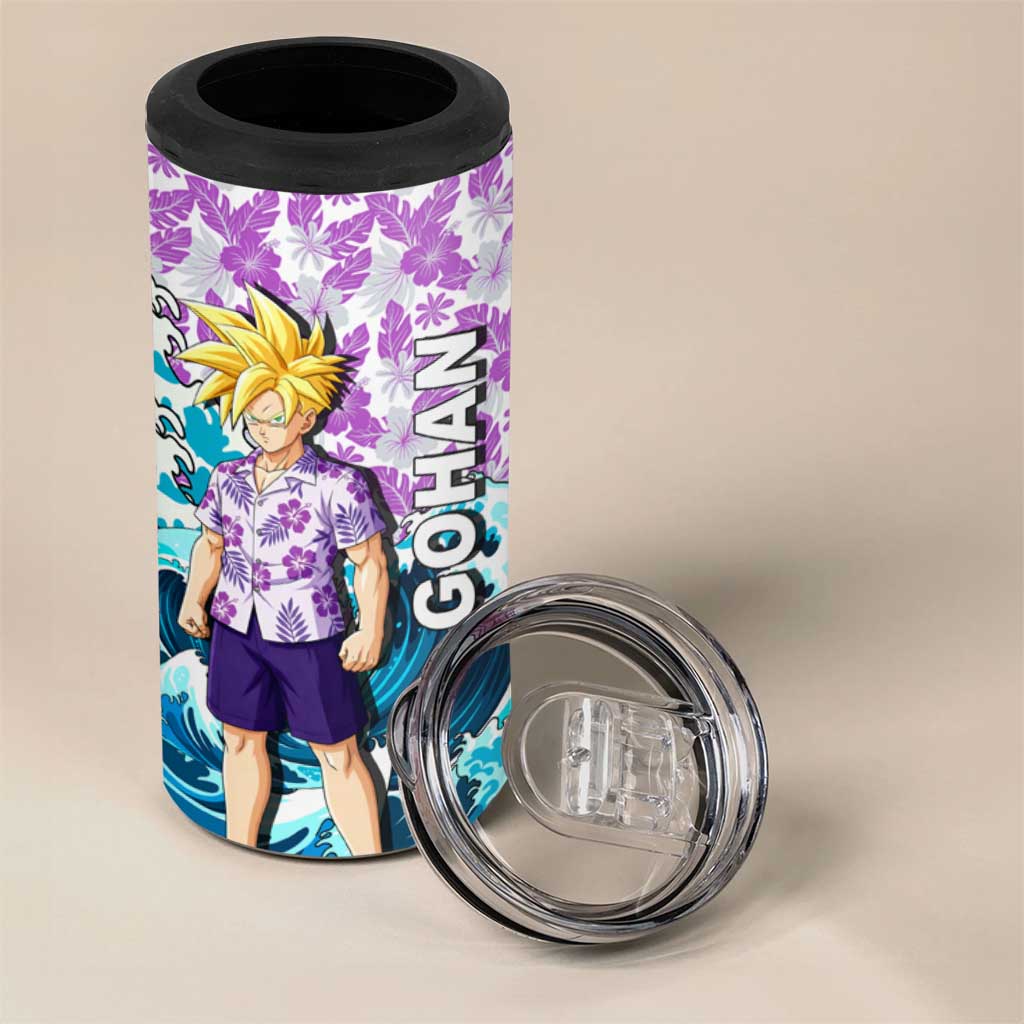 Gohan Dragon Ball Summer Theme 4 in 1 Can Cooler Tumbler with Tropical Floral Shirt Shenron and Ocean Wave Background - The Mazicc