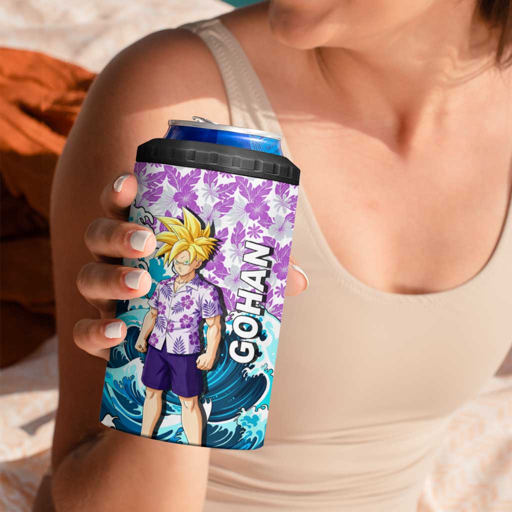 Gohan Dragon Ball Summer Theme 4 in 1 Can Cooler Tumbler with Tropical Floral Shirt Shenron and Ocean Wave Background - The Mazicc