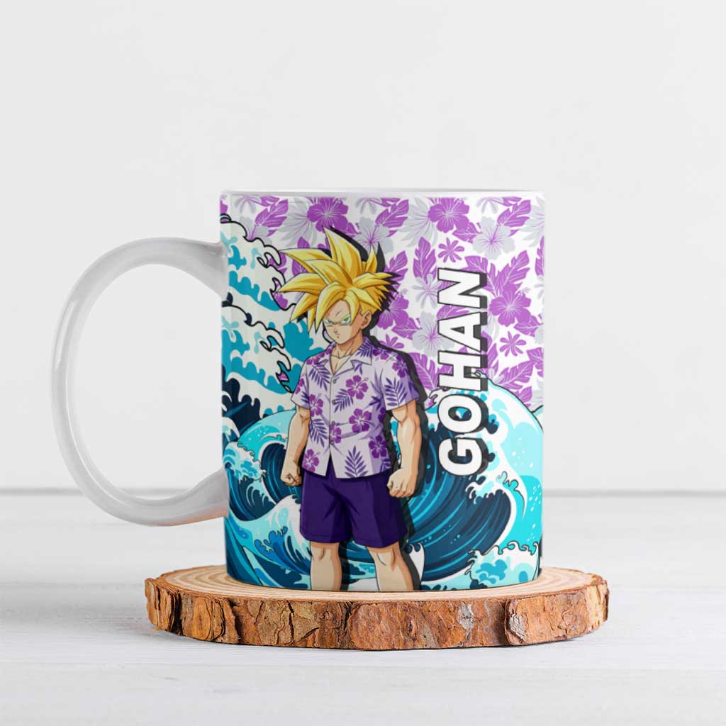 Gohan Dragon Ball Summer Theme Ceramic Mug with Tropical Floral Shirt Shenron and Ocean Wave Background - The Mazicc