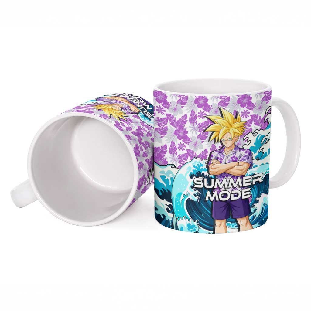 Gohan Dragon Ball Summer Theme Ceramic Mug with Tropical Floral Shirt Shenron and Ocean Wave Background - The Mazicc