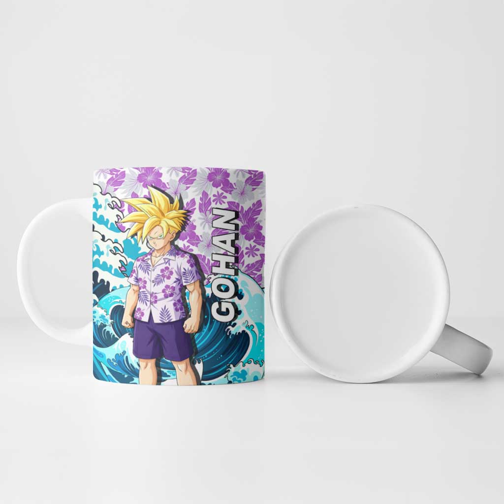 Gohan Dragon Ball Summer Theme Ceramic Mug with Tropical Floral Shirt Shenron and Ocean Wave Background - The Mazicc