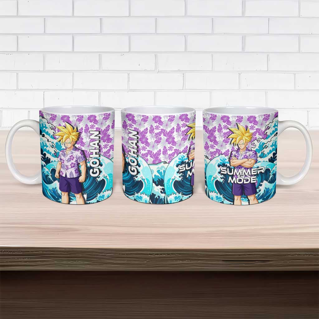 Gohan Dragon Ball Summer Theme Ceramic Mug with Tropical Floral Shirt Shenron and Ocean Wave Background - The Mazicc