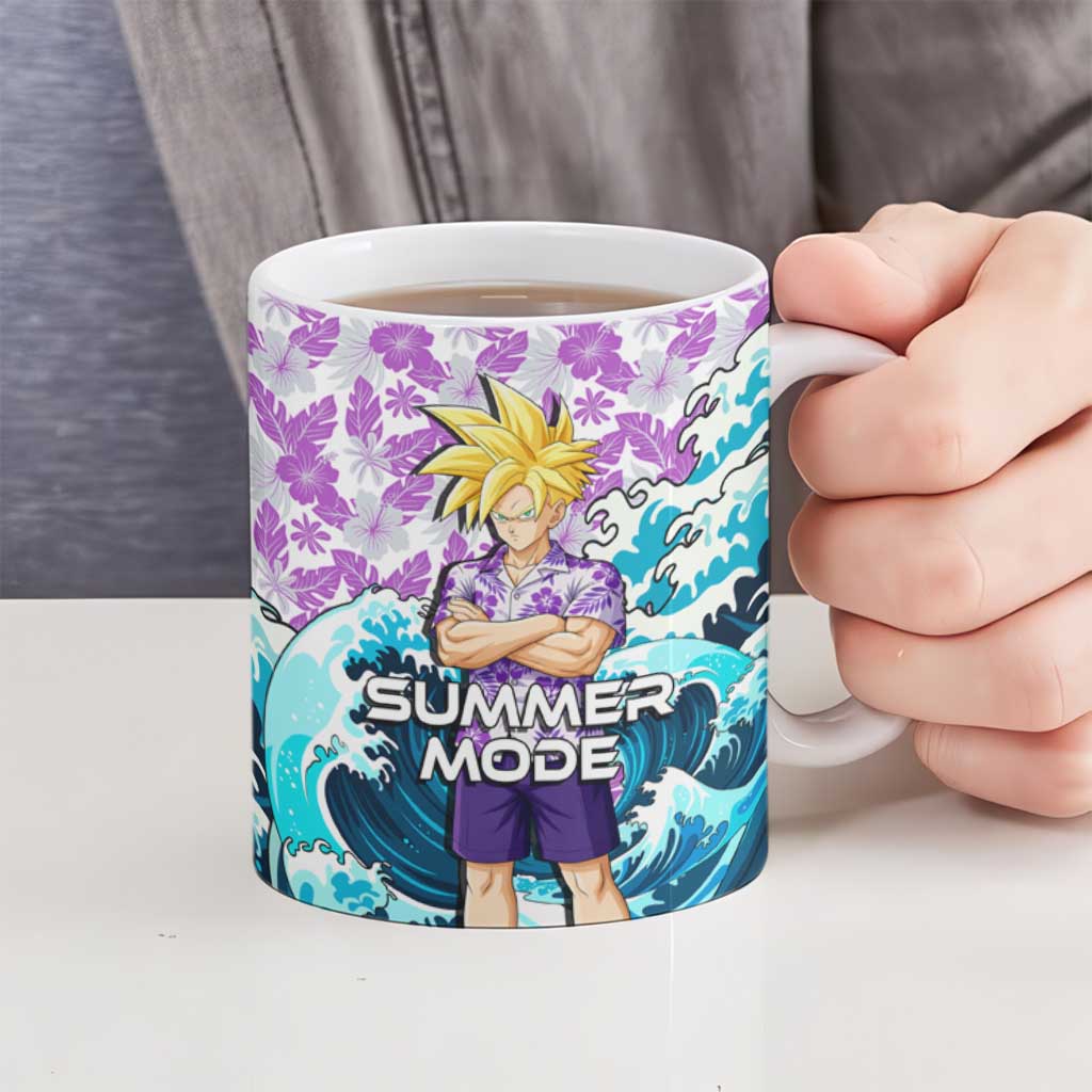 Gohan Dragon Ball Summer Theme Ceramic Mug with Tropical Floral Shirt Shenron and Ocean Wave Background - The Mazicc