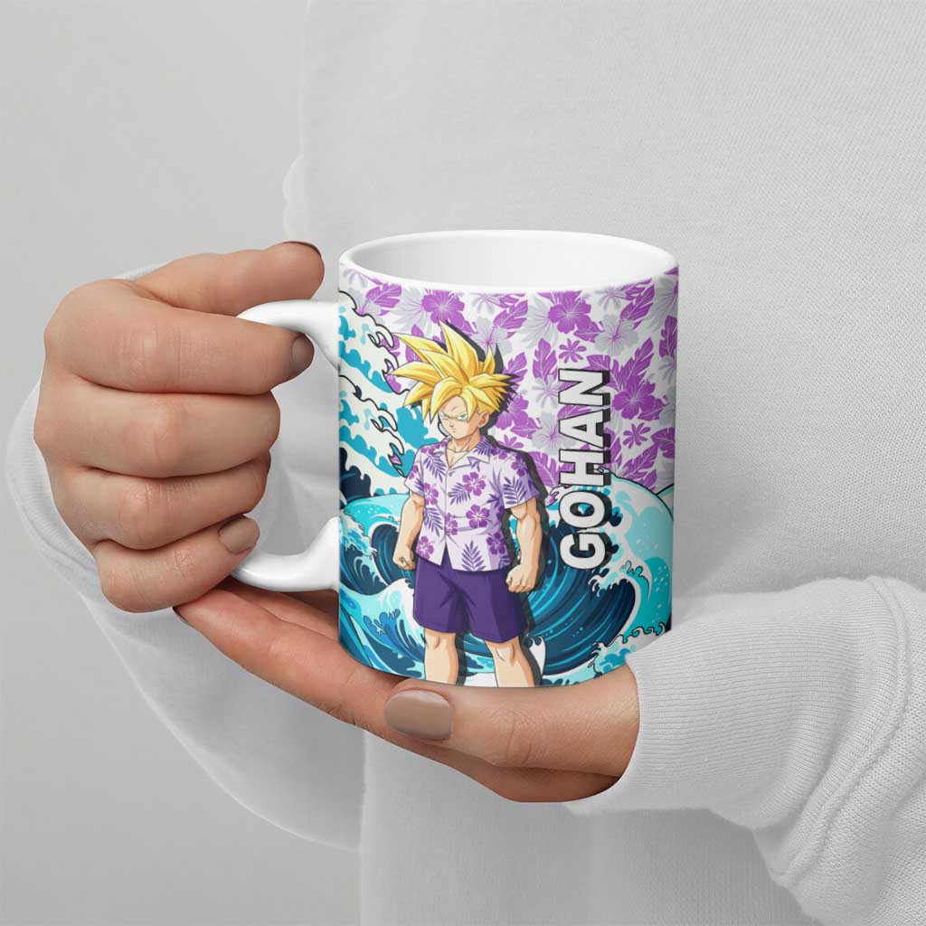 Gohan Dragon Ball Summer Theme Ceramic Mug with Tropical Floral Shirt Shenron and Ocean Wave Background - The Mazicc