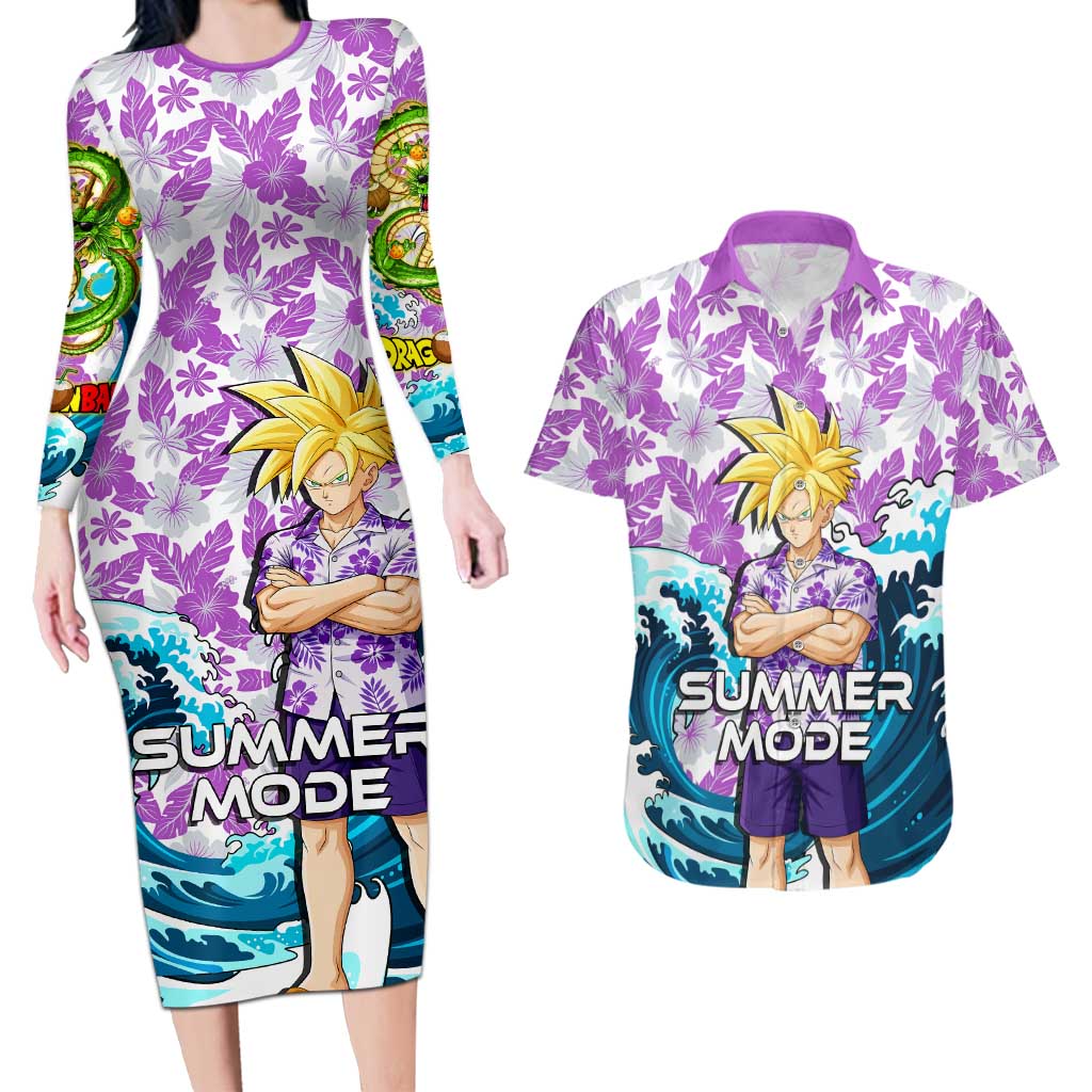 Gohan Dragon Ball Summer Theme Couples Matching Long Sleeve Bodycon Dress and Hawaiian Shirt with Tropical Floral Shirt Shenron and Ocean Wave Background - The Mazicc