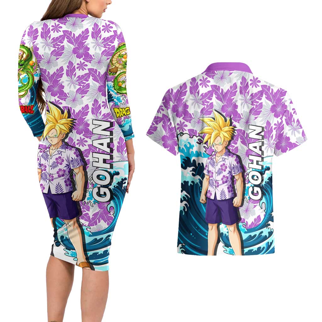 Gohan Dragon Ball Summer Theme Couples Matching Long Sleeve Bodycon Dress and Hawaiian Shirt with Tropical Floral Shirt Shenron and Ocean Wave Background - The Mazicc