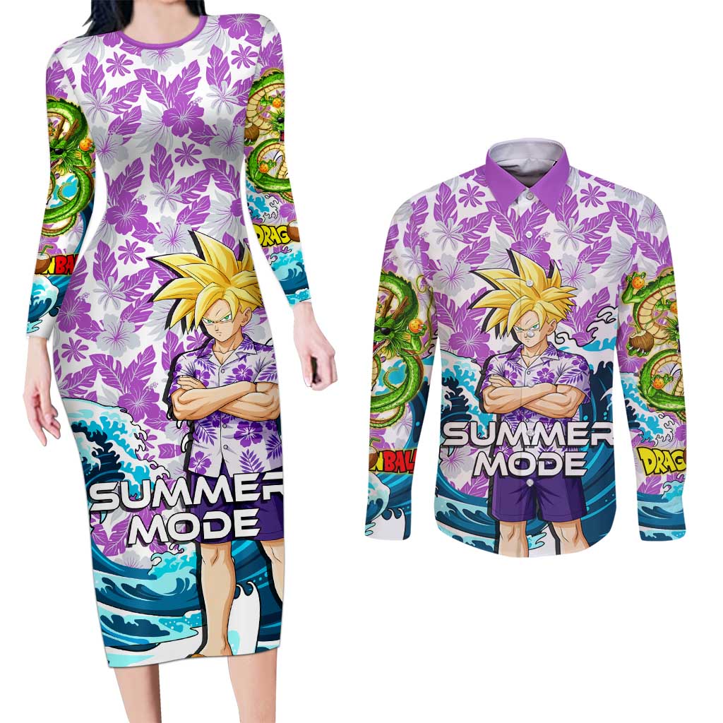 Gohan Dragon Ball Summer Theme Couples Matching Long Sleeve Bodycon Dress and Long Sleeve Button Shirt with Tropical Floral Shirt Shenron and Ocean Wave Background - The Mazicc