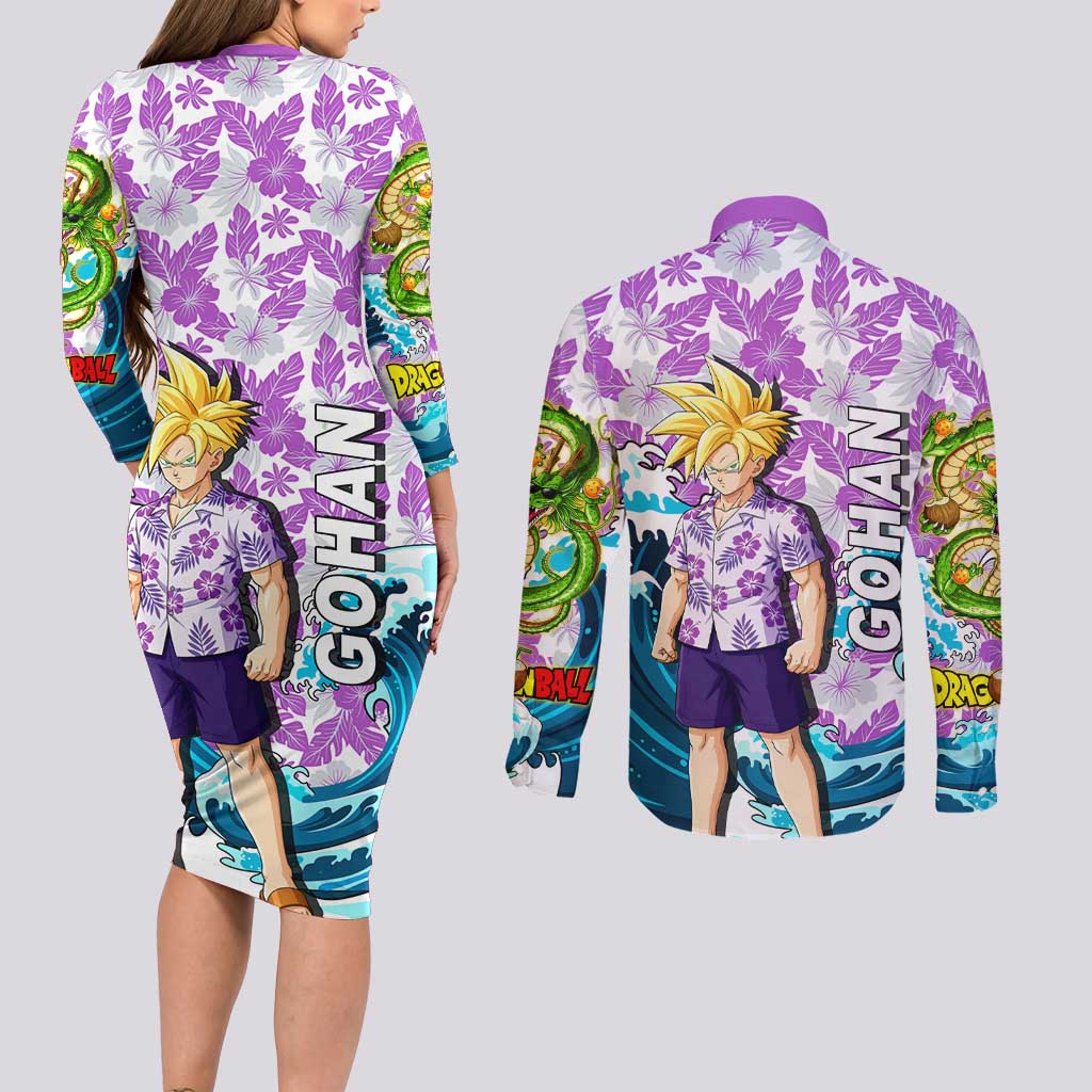 Gohan Dragon Ball Summer Theme Couples Matching Long Sleeve Bodycon Dress and Long Sleeve Button Shirt with Tropical Floral Shirt Shenron and Ocean Wave Background - The Mazicc