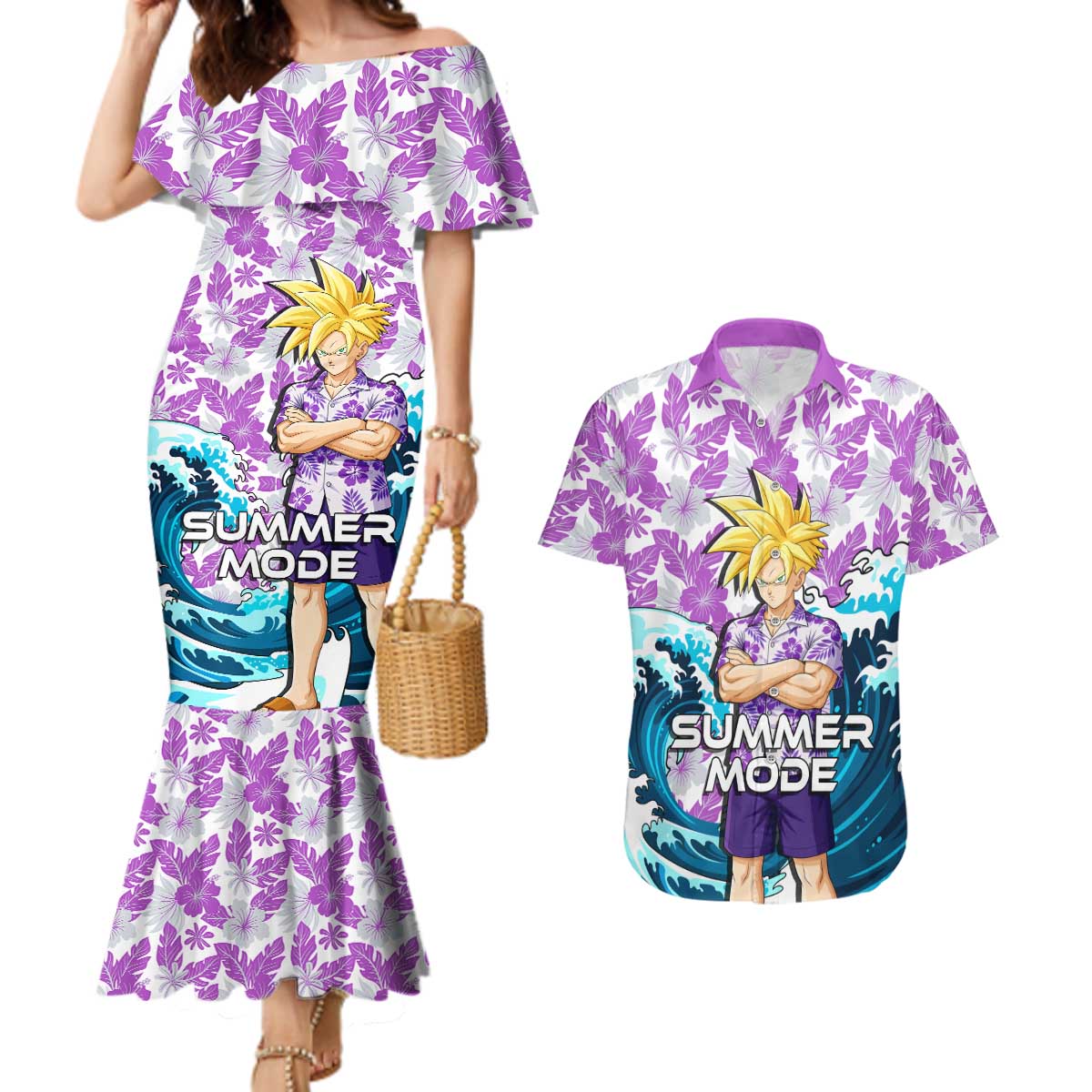 Gohan Dragon Ball Summer Theme Couples Matching Mermaid Dress and Hawaiian Shirt with Tropical Floral Shirt Shenron and Ocean Wave Background - The Mazicc