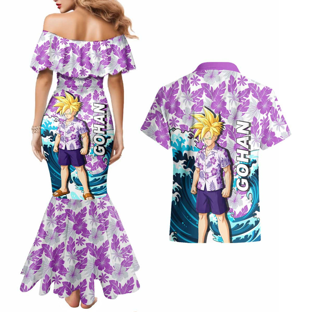 Gohan Dragon Ball Summer Theme Couples Matching Mermaid Dress and Hawaiian Shirt with Tropical Floral Shirt Shenron and Ocean Wave Background - The Mazicc