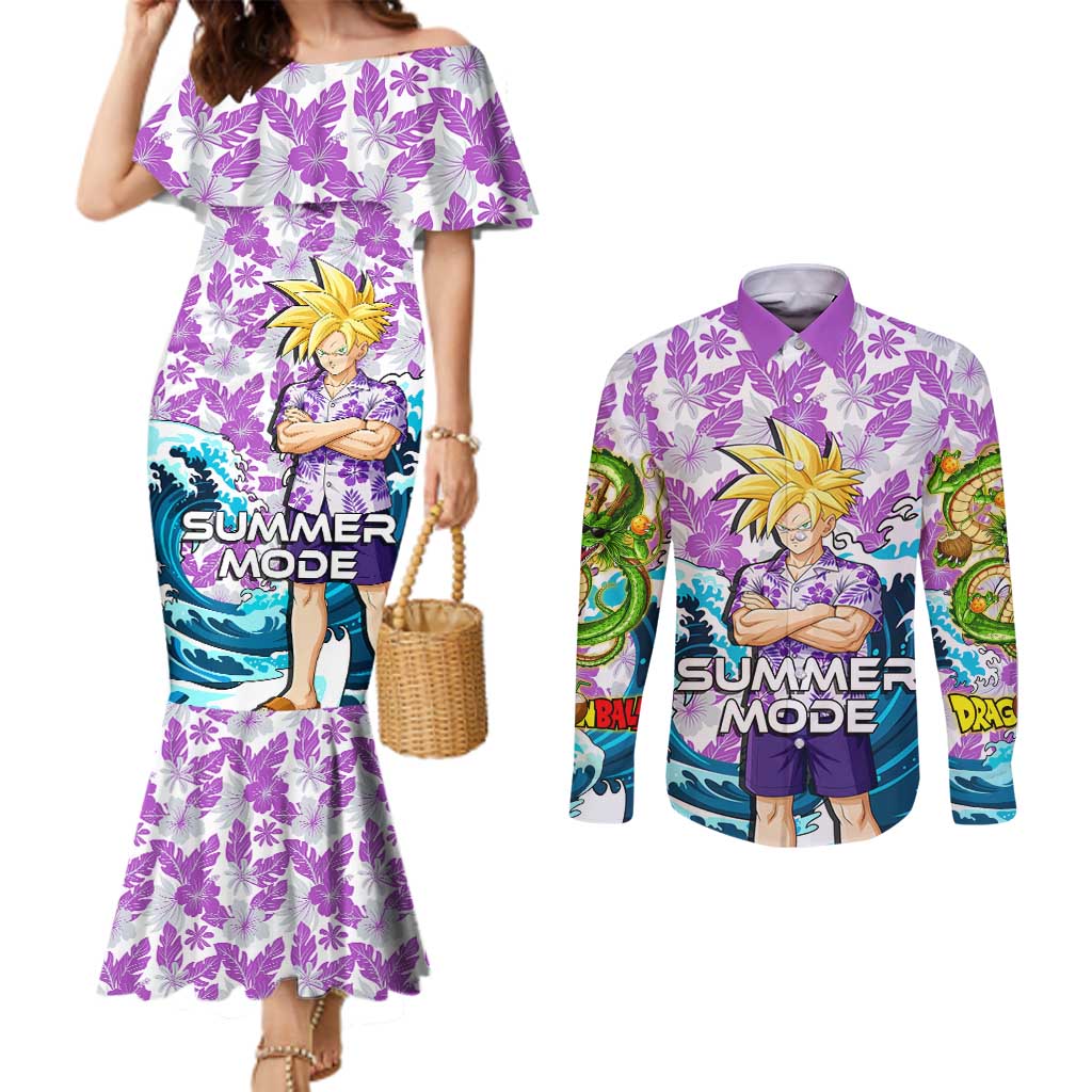 Gohan Dragon Ball Summer Theme Couples Matching Mermaid Dress and Long Sleeve Button Shirt with Tropical Floral Shirt Shenron and Ocean Wave Background - The Mazicc