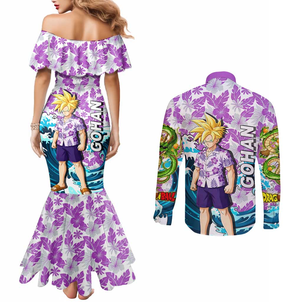 Gohan Dragon Ball Summer Theme Couples Matching Mermaid Dress and Long Sleeve Button Shirt with Tropical Floral Shirt Shenron and Ocean Wave Background - The Mazicc