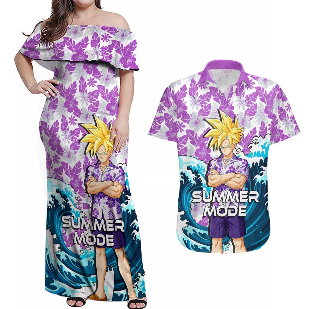 Gohan Dragon Ball Summer Theme Couples Matching Off Shoulder Maxi Dress and Hawaiian Shirt with Tropical Floral Shirt Shenron and Ocean Wave Background - The Mazicc