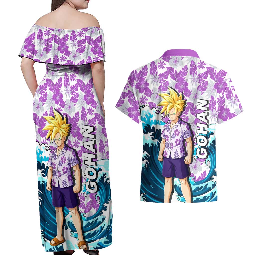 Gohan Dragon Ball Summer Theme Couples Matching Off Shoulder Maxi Dress and Hawaiian Shirt with Tropical Floral Shirt Shenron and Ocean Wave Background - The Mazicc