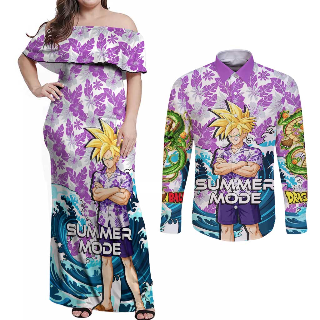 Gohan Dragon Ball Summer Theme Couples Matching Off Shoulder Maxi Dress and Long Sleeve Button Shirt with Tropical Floral Shirt Shenron and Ocean Wave Background - The Mazicc