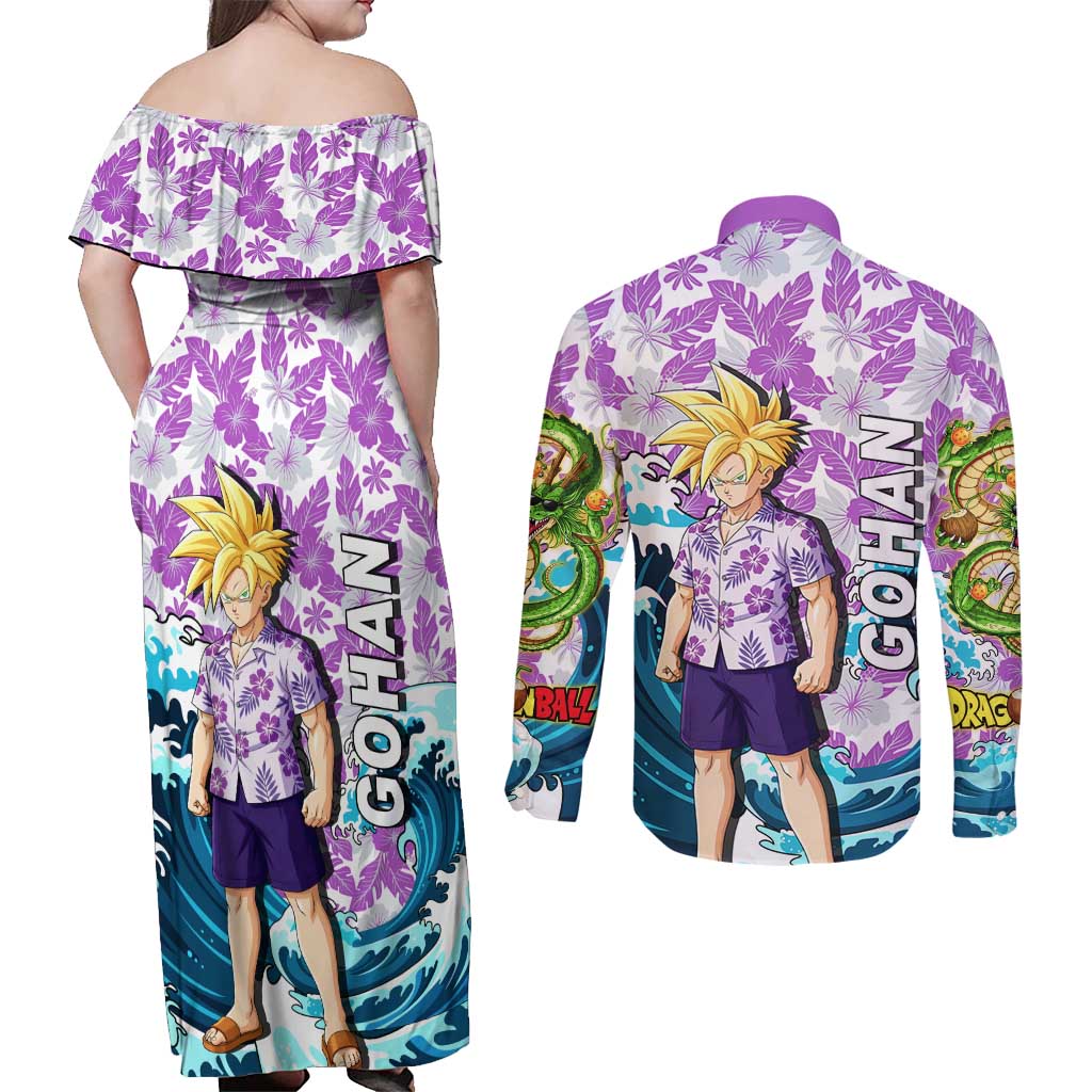 Gohan Dragon Ball Summer Theme Couples Matching Off Shoulder Maxi Dress and Long Sleeve Button Shirt with Tropical Floral Shirt Shenron and Ocean Wave Background - The Mazicc