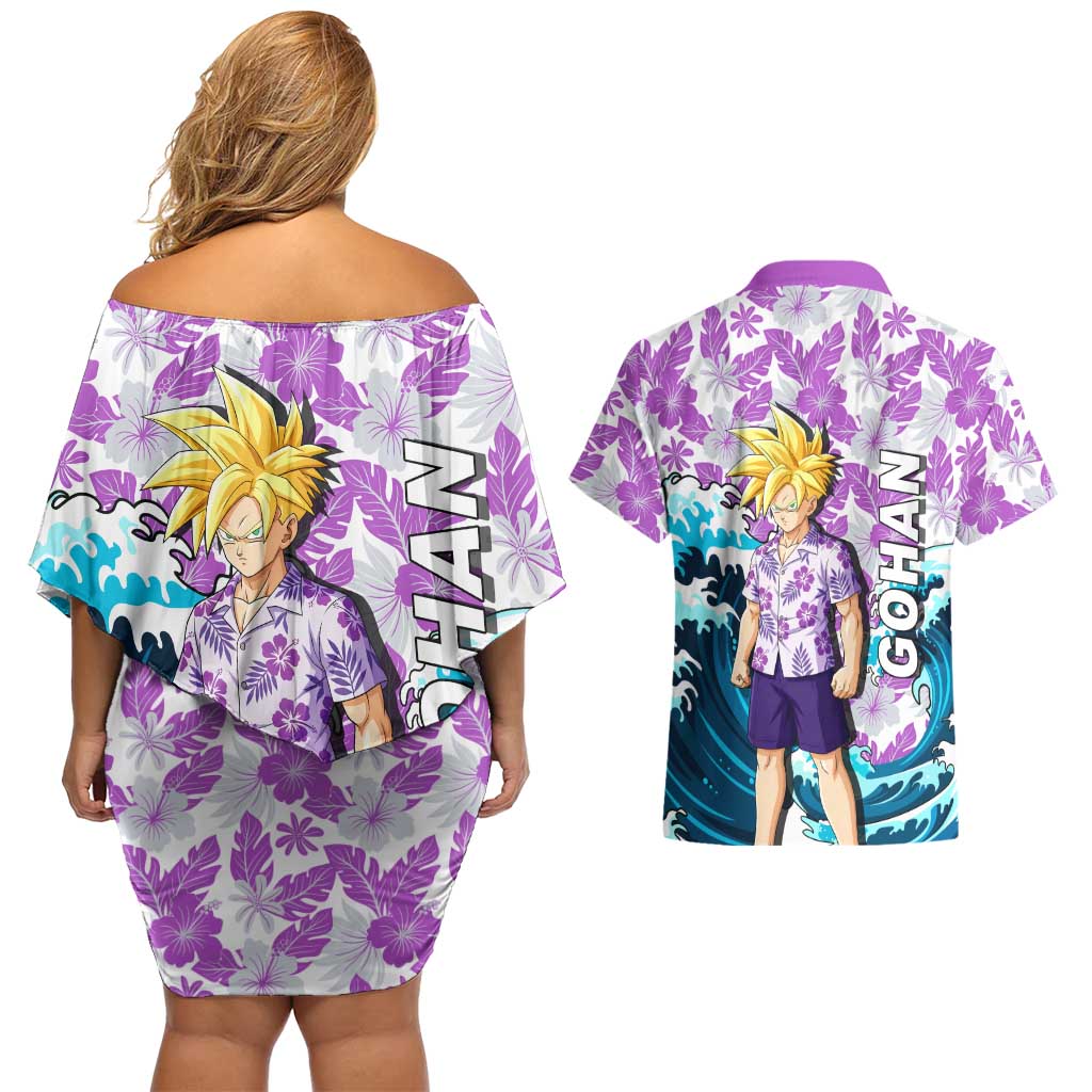 Gohan Dragon Ball Summer Theme Couples Matching Off Shoulder Short Dress and Hawaiian Shirt with Tropical Floral Shirt Shenron and Ocean Wave Background - The Mazicc