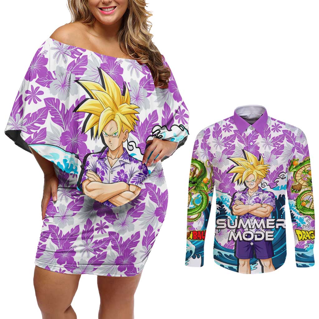 Gohan Dragon Ball Summer Theme Couples Matching Off Shoulder Short Dress and Long Sleeve Button Shirt with Tropical Floral Shirt Shenron and Ocean Wave Background - The Mazicc