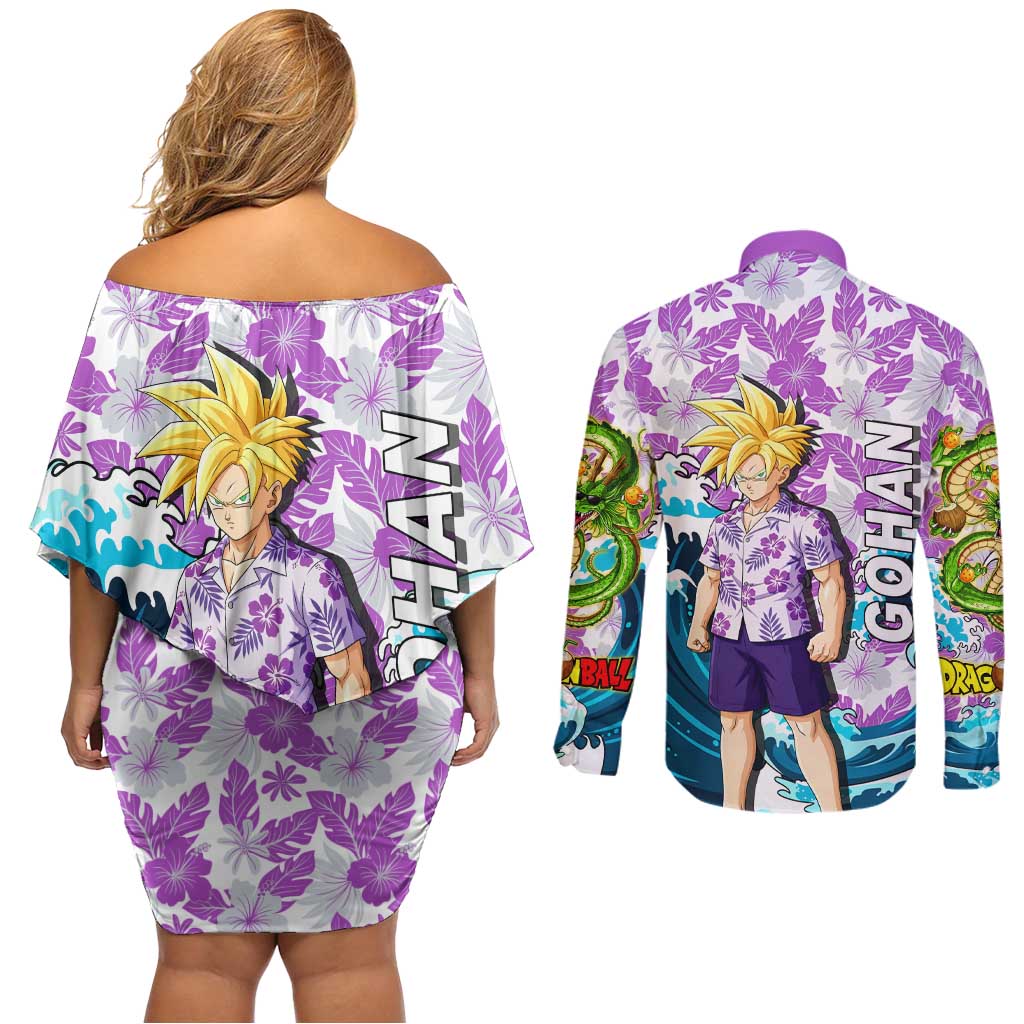 Gohan Dragon Ball Summer Theme Couples Matching Off Shoulder Short Dress and Long Sleeve Button Shirt with Tropical Floral Shirt Shenron and Ocean Wave Background - The Mazicc