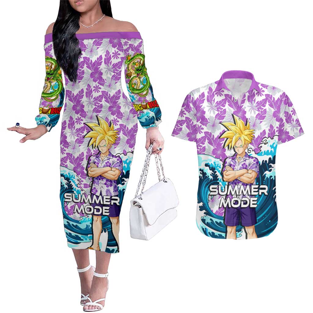 Gohan Dragon Ball Summer Theme Couples Matching Off The Shoulder Long Sleeve Dress and Hawaiian Shirt with Tropical Floral Shirt Shenron and Ocean Wave Background - The Mazicc