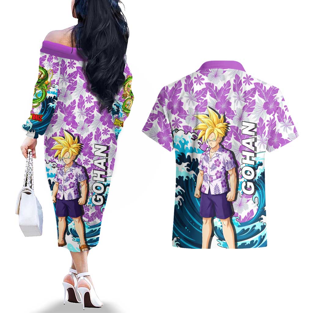Gohan Dragon Ball Summer Theme Couples Matching Off The Shoulder Long Sleeve Dress and Hawaiian Shirt with Tropical Floral Shirt Shenron and Ocean Wave Background - The Mazicc
