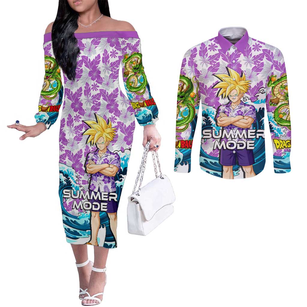 Gohan Dragon Ball Summer Theme Couples Matching Off The Shoulder Long Sleeve Dress and Long Sleeve Button Shirt with Tropical Floral Shirt Shenron and Ocean Wave Background - The Mazicc