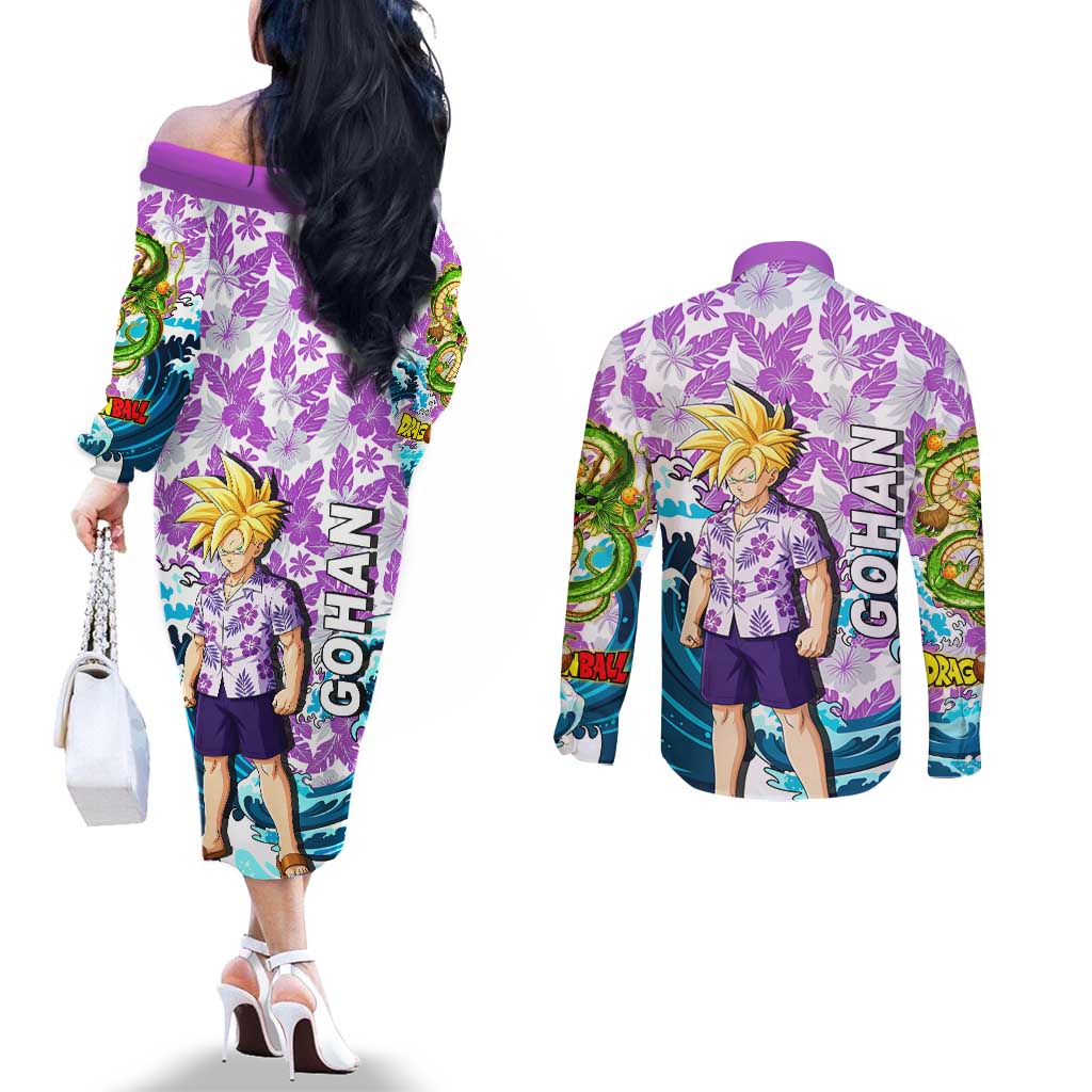 Gohan Dragon Ball Summer Theme Couples Matching Off The Shoulder Long Sleeve Dress and Long Sleeve Button Shirt with Tropical Floral Shirt Shenron and Ocean Wave Background - The Mazicc