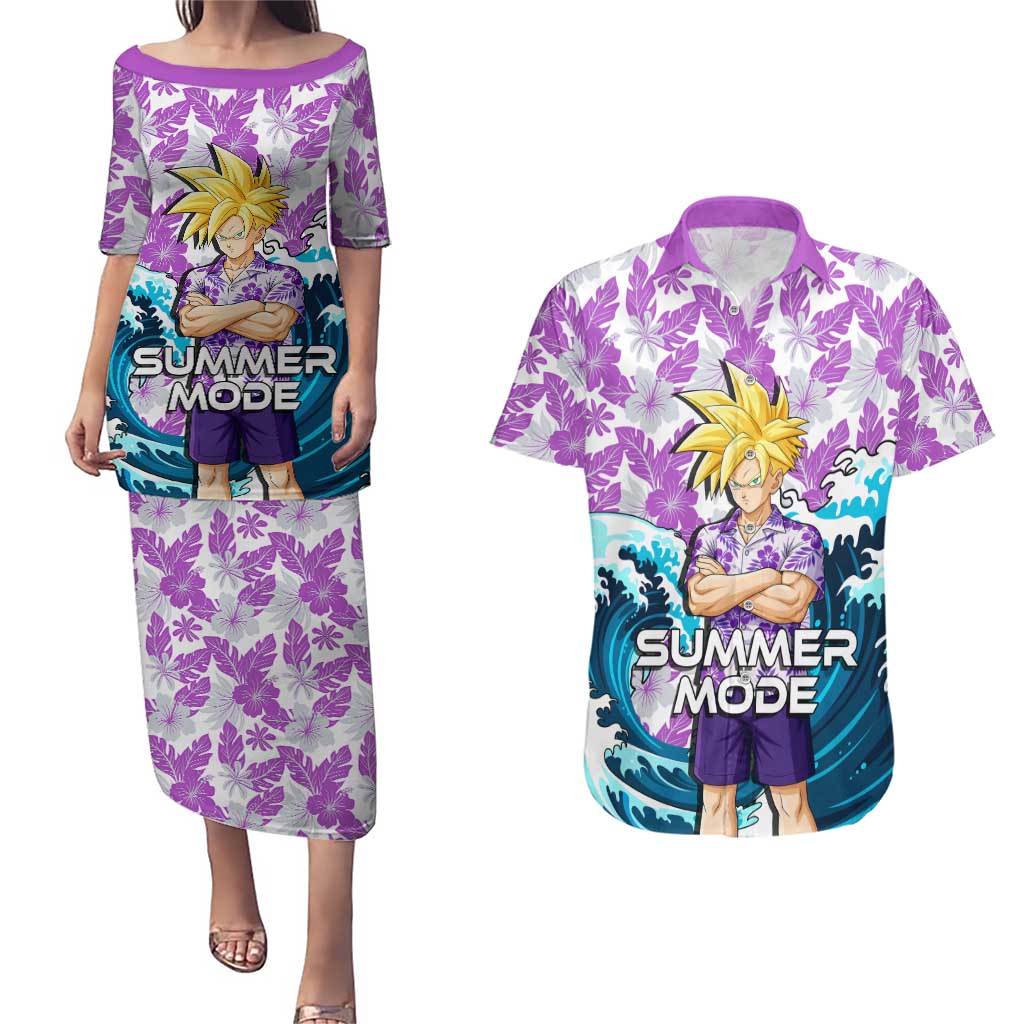 Gohan Dragon Ball Summer Theme Couples Matching Puletasi and Hawaiian Shirt with Tropical Floral Shirt Shenron and Ocean Wave Background - The Mazicc