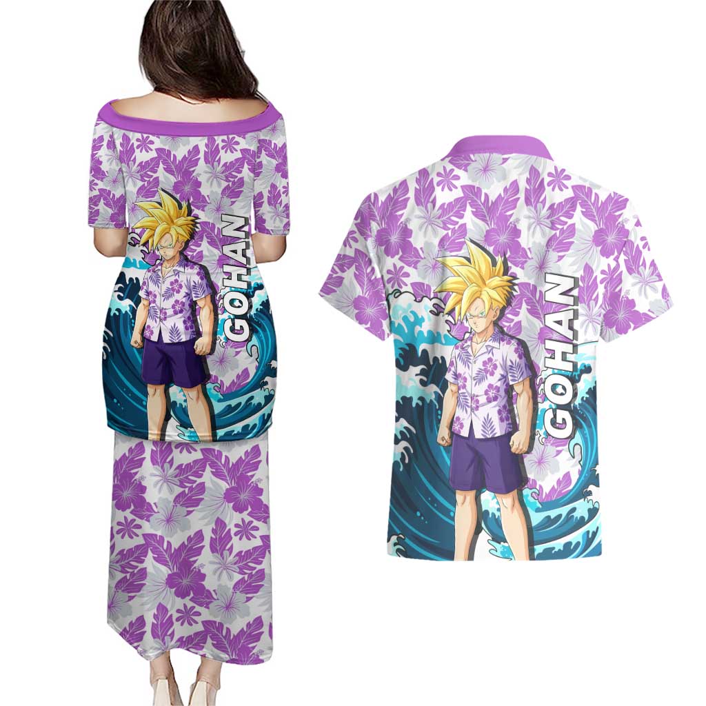 Gohan Dragon Ball Summer Theme Couples Matching Puletasi and Hawaiian Shirt with Tropical Floral Shirt Shenron and Ocean Wave Background - The Mazicc