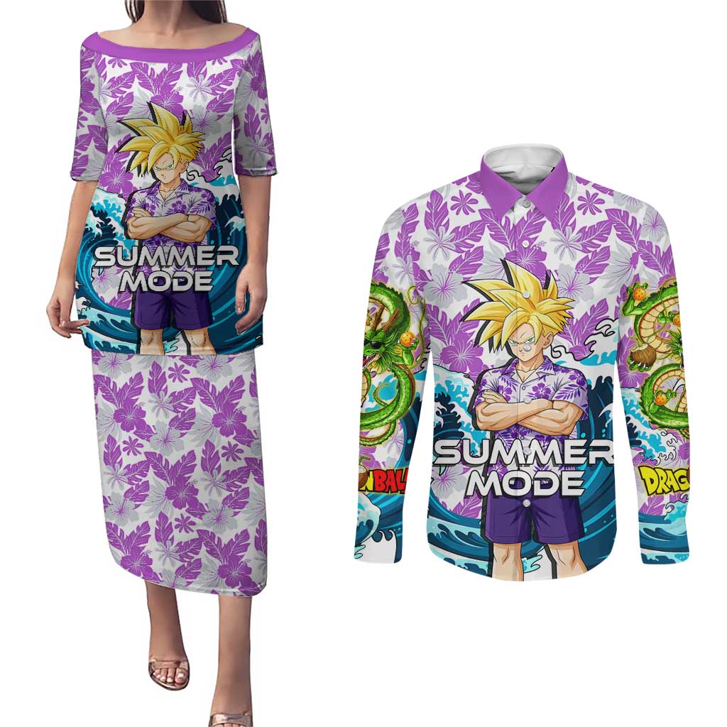 Gohan Dragon Ball Summer Theme Couples Matching Puletasi and Long Sleeve Button Shirt with Tropical Floral Shirt Shenron and Ocean Wave Background - The Mazicc