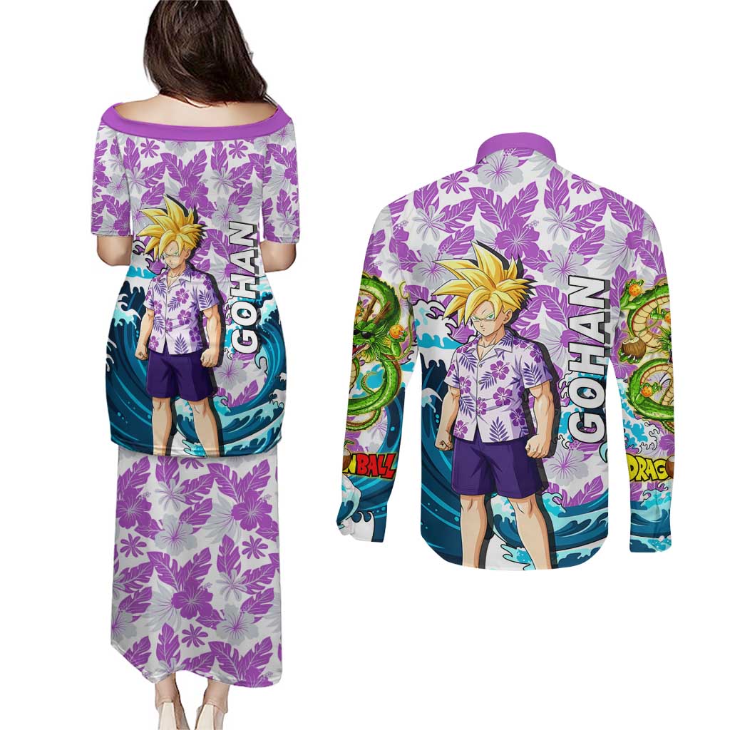Gohan Dragon Ball Summer Theme Couples Matching Puletasi and Long Sleeve Button Shirt with Tropical Floral Shirt Shenron and Ocean Wave Background - The Mazicc