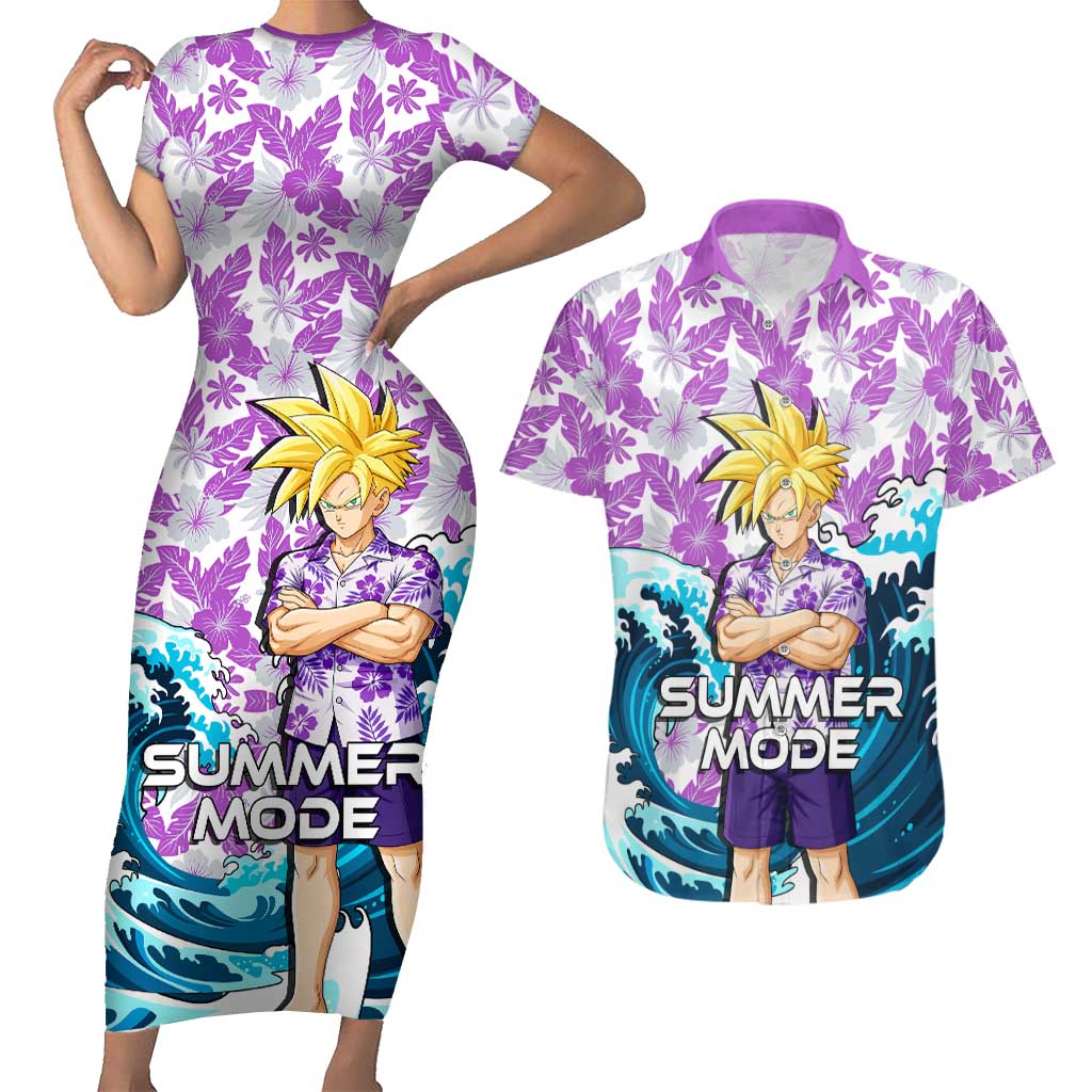Gohan Dragon Ball Summer Theme Couples Matching Short Sleeve Bodycon Dress and Hawaiian Shirt with Tropical Floral Shirt Shenron and Ocean Wave Background - The Mazicc