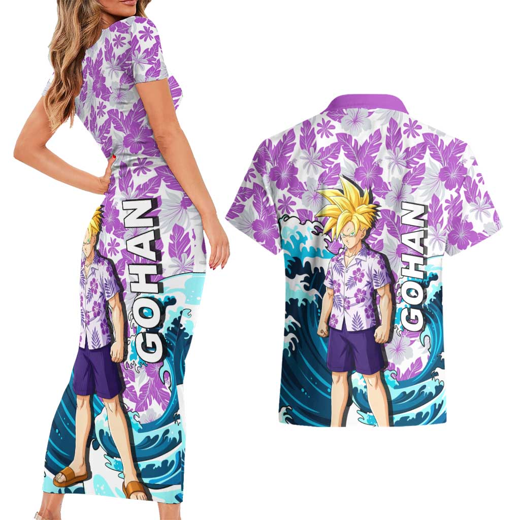 Gohan Dragon Ball Summer Theme Couples Matching Short Sleeve Bodycon Dress and Hawaiian Shirt with Tropical Floral Shirt Shenron and Ocean Wave Background - The Mazicc