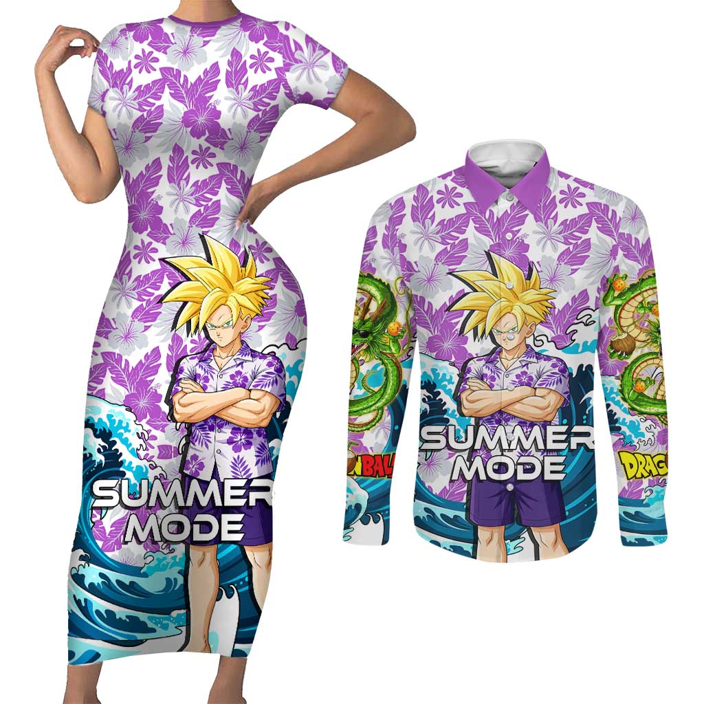 Gohan Dragon Ball Summer Theme Couples Matching Short Sleeve Bodycon Dress and Long Sleeve Button Shirt with Tropical Floral Shirt Shenron and Ocean Wave Background - The Mazicc