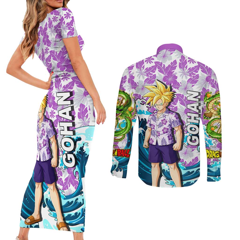 Gohan Dragon Ball Summer Theme Couples Matching Short Sleeve Bodycon Dress and Long Sleeve Button Shirt with Tropical Floral Shirt Shenron and Ocean Wave Background - The Mazicc