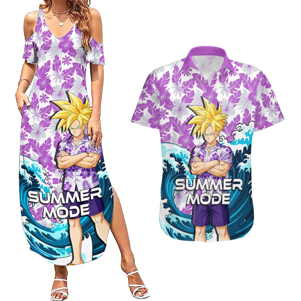Gohan Dragon Ball Summer Theme Couples Matching Summer Maxi Dress and Hawaiian Shirt with Tropical Floral Shirt Shenron and Ocean Wave Background - The Mazicc