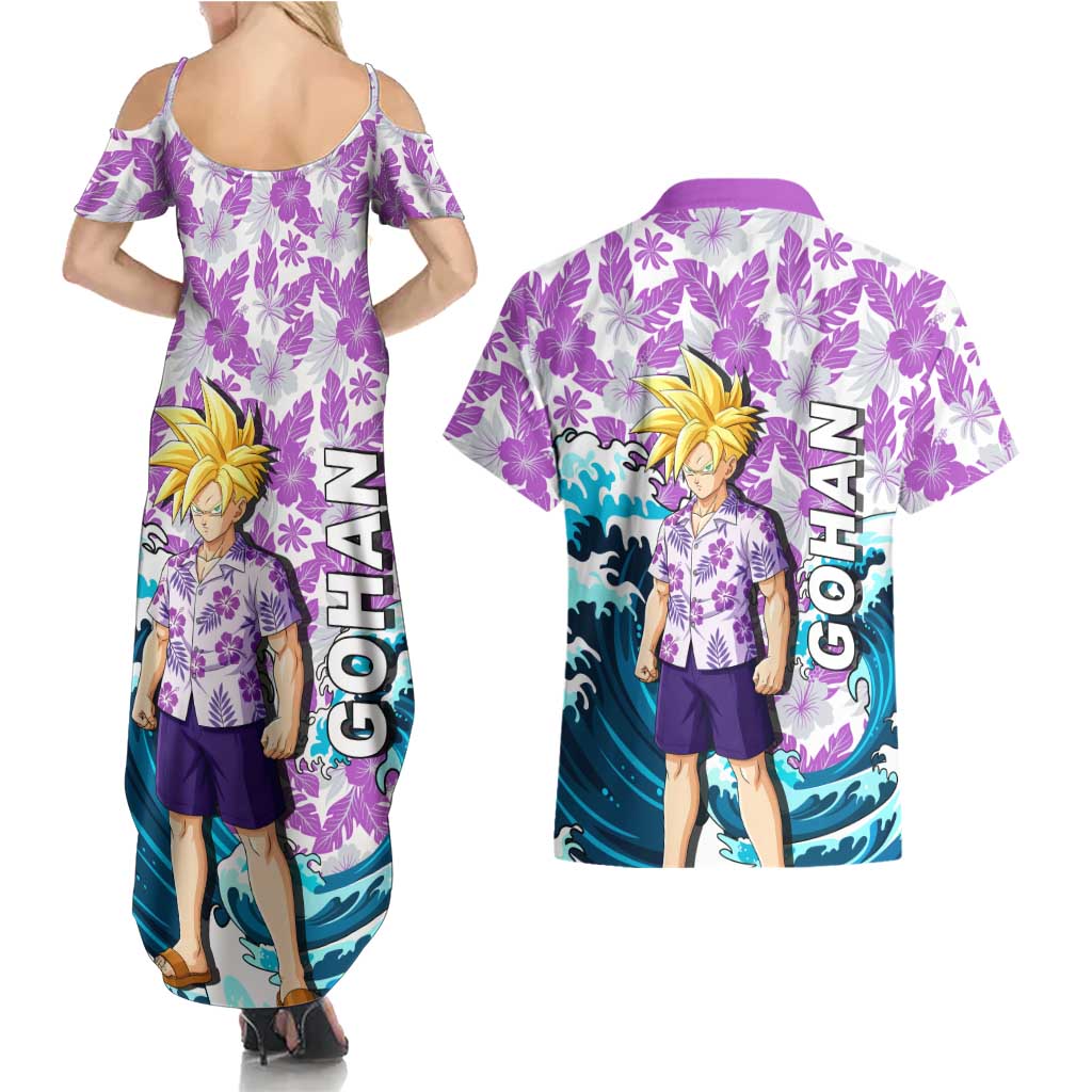 Gohan Dragon Ball Summer Theme Couples Matching Summer Maxi Dress and Hawaiian Shirt with Tropical Floral Shirt Shenron and Ocean Wave Background - The Mazicc