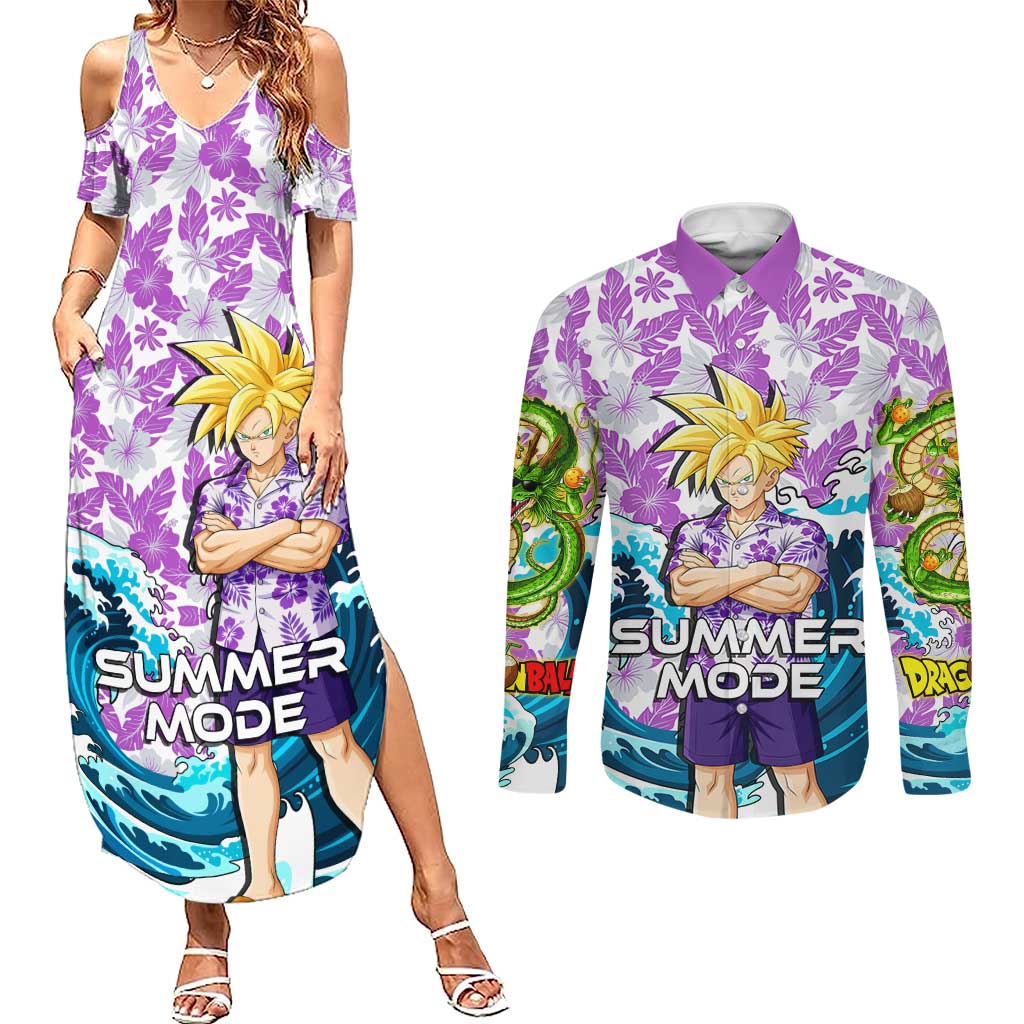 Gohan Dragon Ball Summer Theme Couples Matching Summer Maxi Dress and Long Sleeve Button Shirt with Tropical Floral Shirt Shenron and Ocean Wave Background - The Mazicc