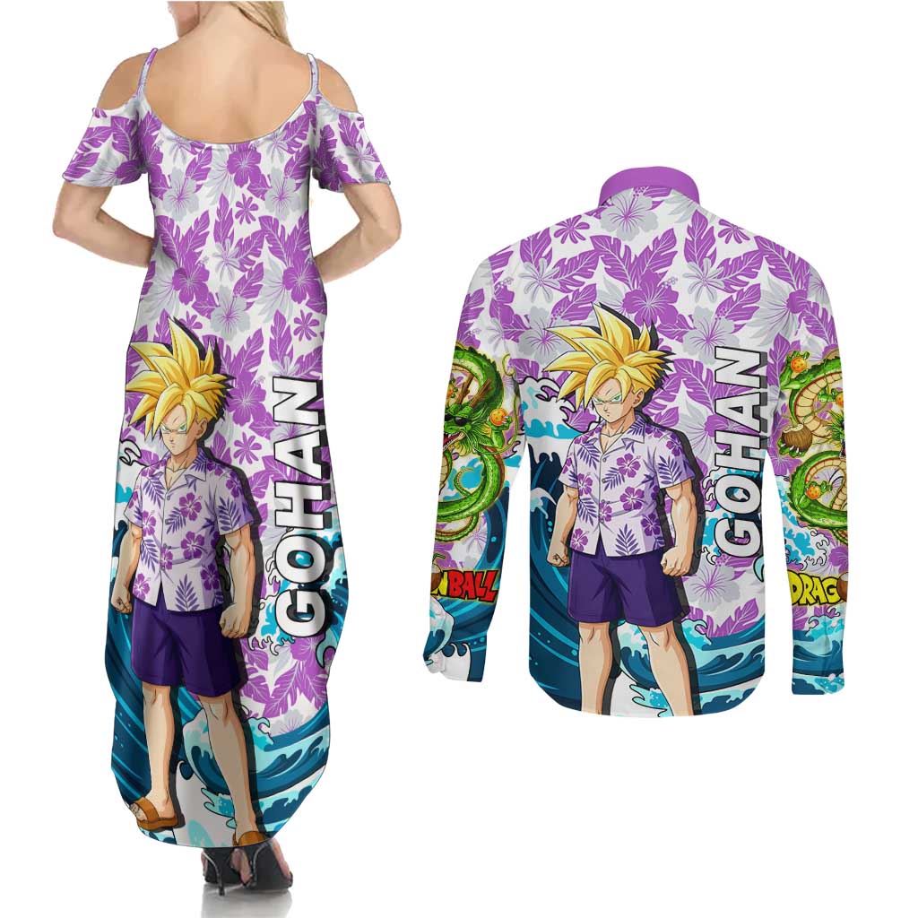 Gohan Dragon Ball Summer Theme Couples Matching Summer Maxi Dress and Long Sleeve Button Shirt with Tropical Floral Shirt Shenron and Ocean Wave Background - The Mazicc