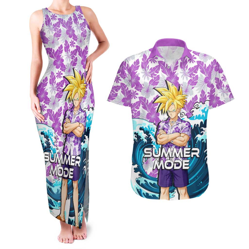 Gohan Dragon Ball Summer Theme Couples Matching Tank Maxi Dress and Hawaiian Shirt with Tropical Floral Shirt Shenron and Ocean Wave Background - The Mazicc