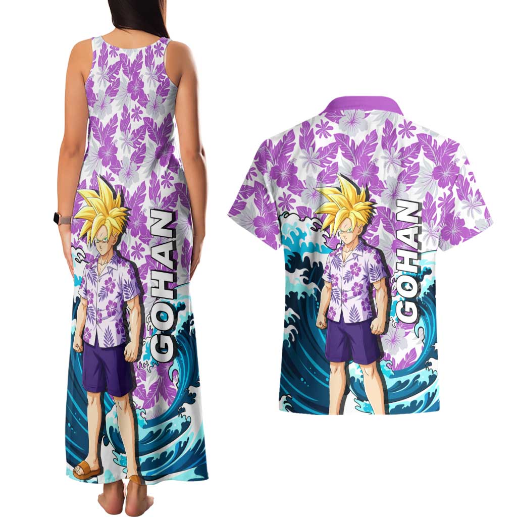 Gohan Dragon Ball Summer Theme Couples Matching Tank Maxi Dress and Hawaiian Shirt with Tropical Floral Shirt Shenron and Ocean Wave Background - The Mazicc
