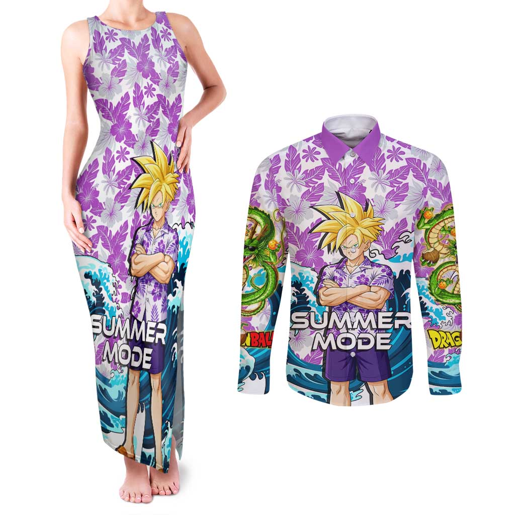 Gohan Dragon Ball Summer Theme Couples Matching Tank Maxi Dress and Long Sleeve Button Shirt with Tropical Floral Shirt Shenron and Ocean Wave Background - The Mazicc