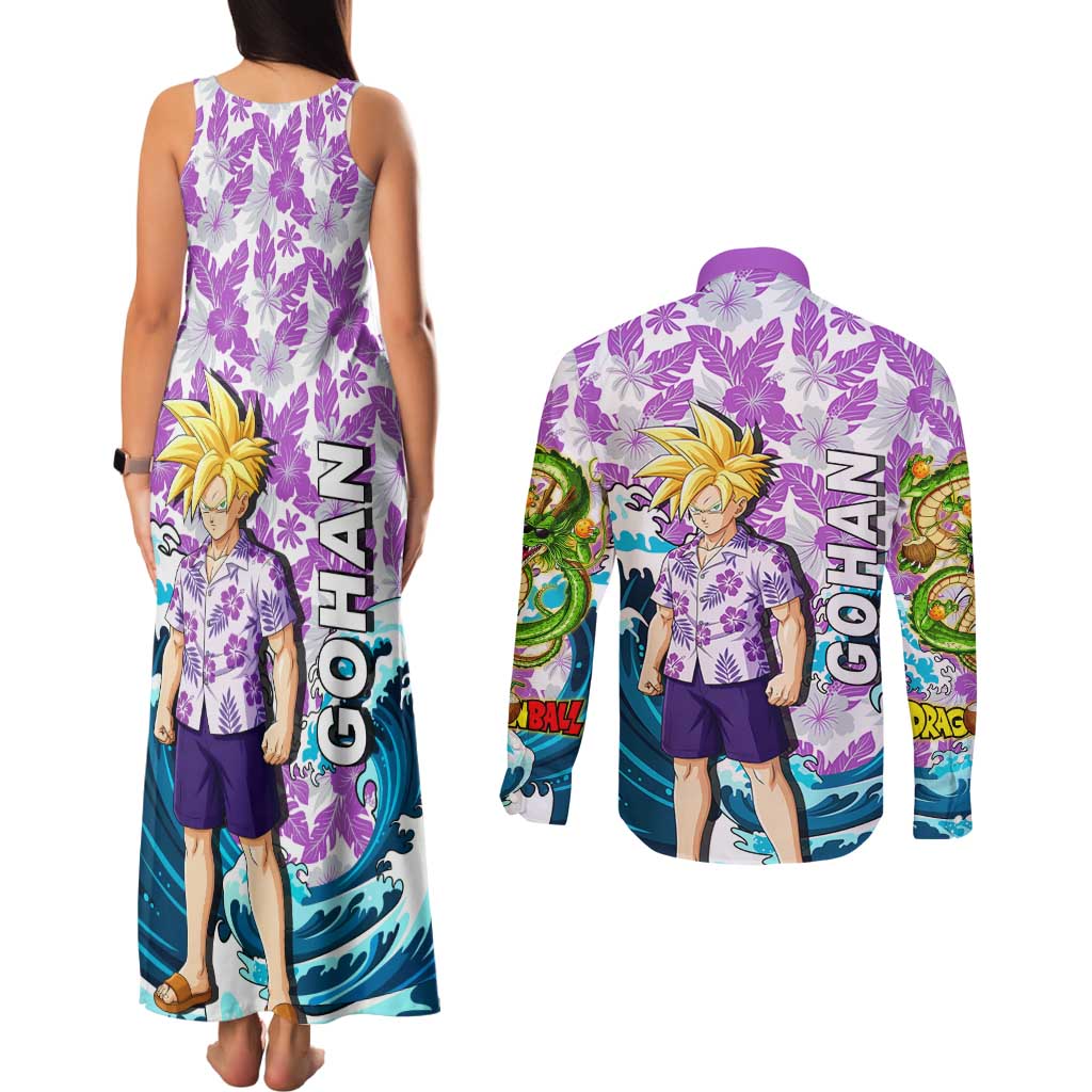 Gohan Dragon Ball Summer Theme Couples Matching Tank Maxi Dress and Long Sleeve Button Shirt with Tropical Floral Shirt Shenron and Ocean Wave Background - The Mazicc