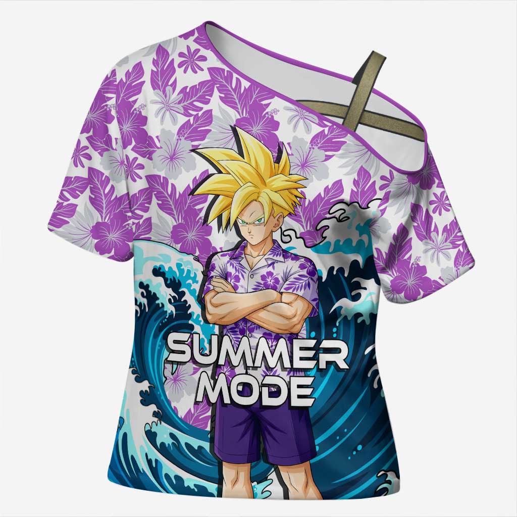 Gohan Dragon Ball Summer Theme Cross Shoulder Shirt with Tropical Floral Shirt Shenron and Ocean Wave Background - The Mazicc