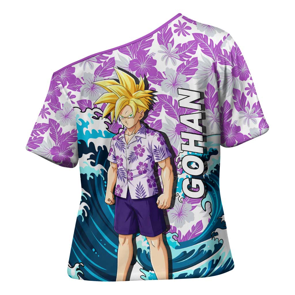 Gohan Dragon Ball Summer Theme Cross Shoulder Shirt with Tropical Floral Shirt Shenron and Ocean Wave Background - The Mazicc