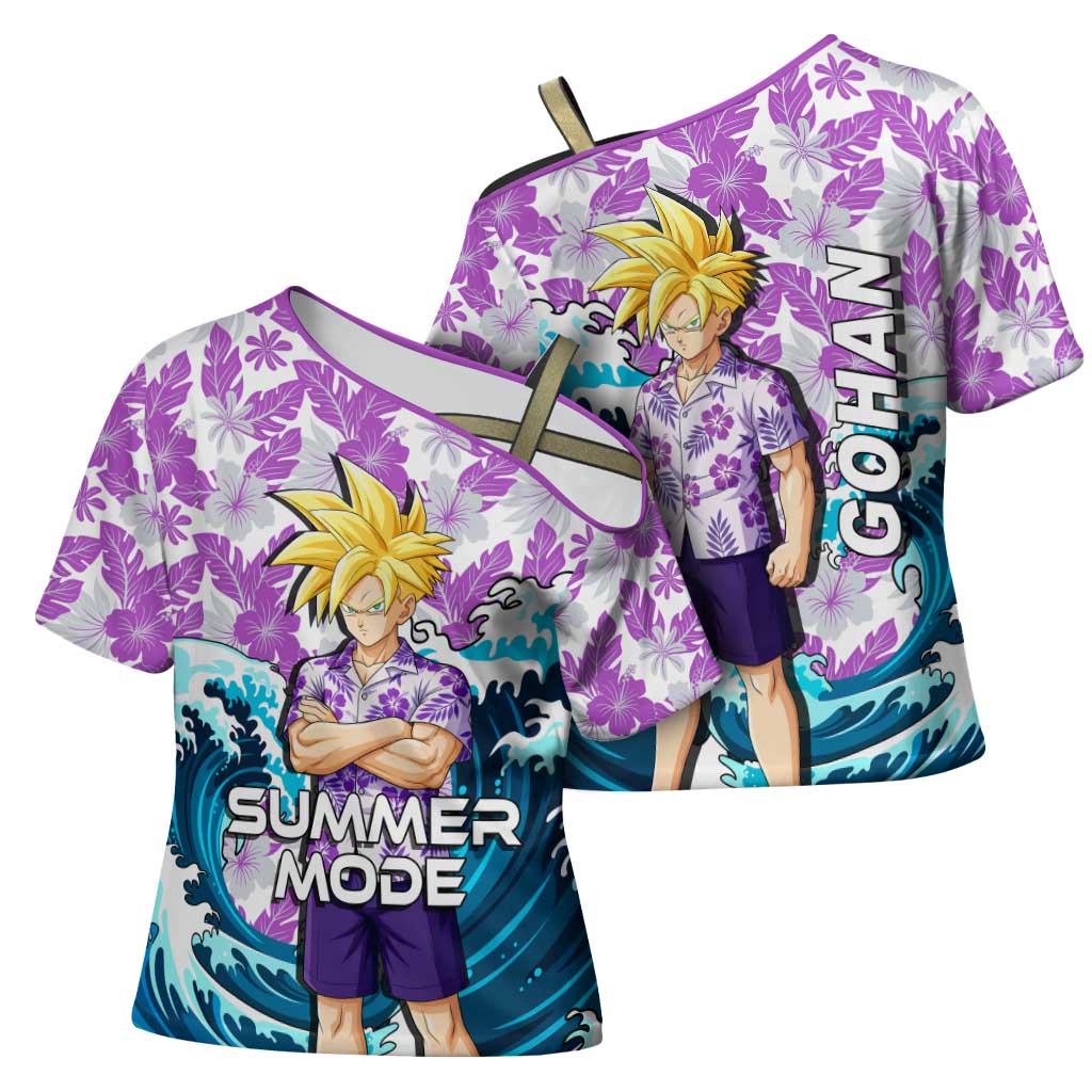 Gohan Dragon Ball Summer Theme Cross Shoulder Shirt with Tropical Floral Shirt Shenron and Ocean Wave Background - The Mazicc